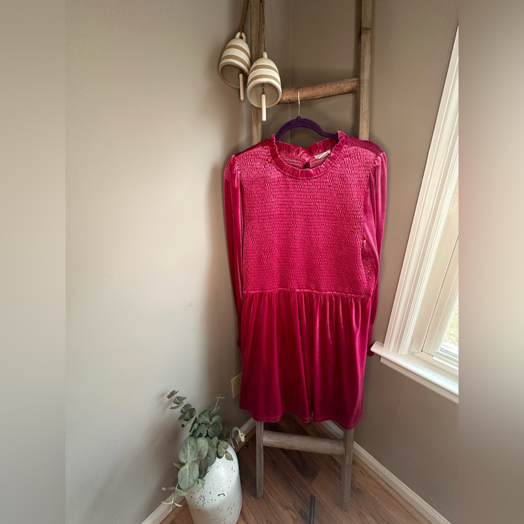 Chic Soul Hot Pink Velvet Smocked Dress With Ruffle Neck